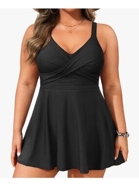 Aqua Eve Womens XL Black Two-Piece Tankini Swim Dress Boy Shorts Twist Front